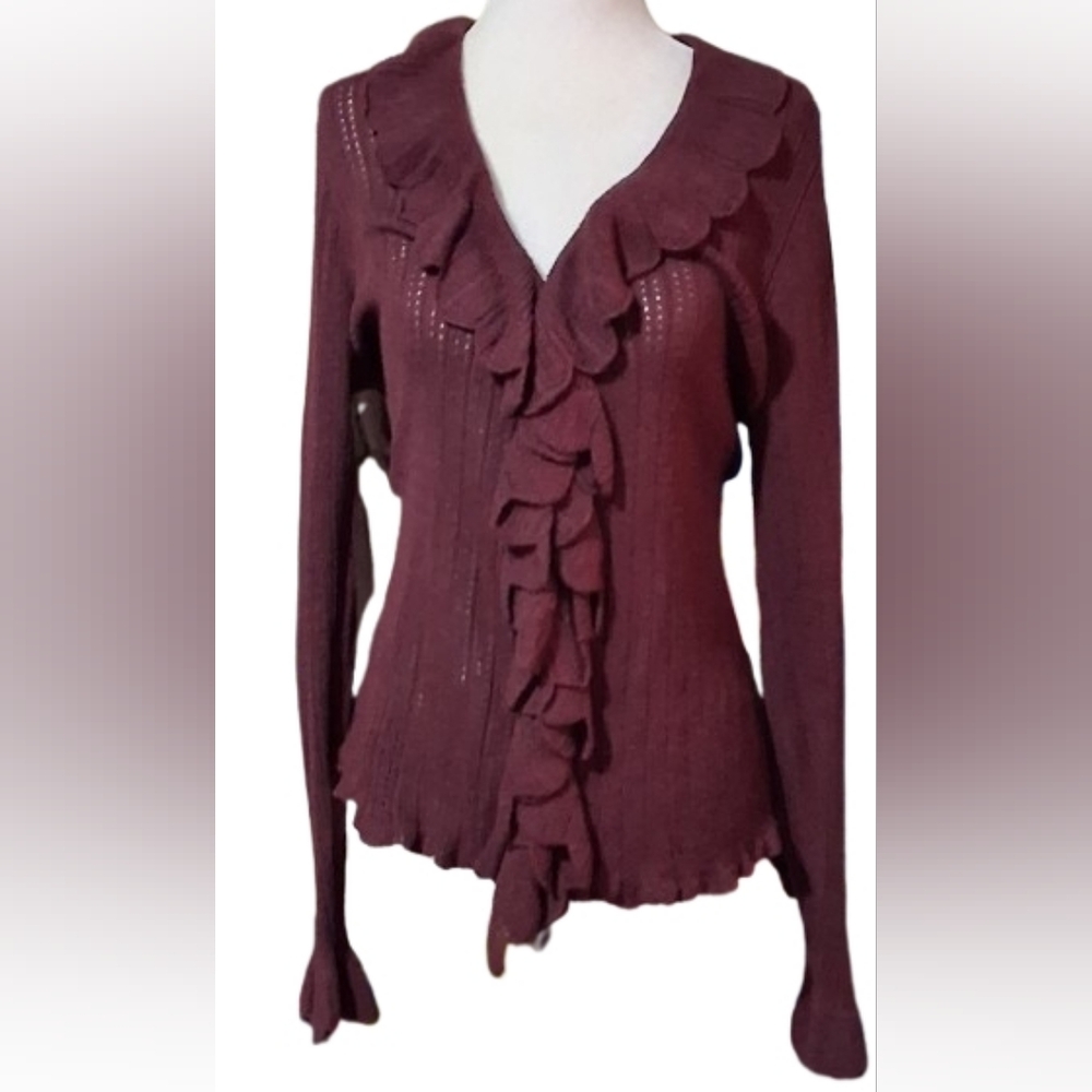 NWOT Charter Club Burgundy Ruffled Cardigan, Size Large